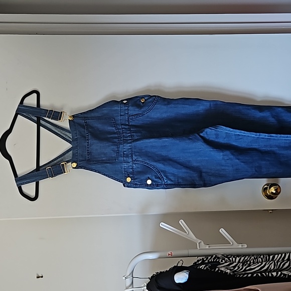 WeWoreWhat Elegant Basic Skinny Linen Denim Overalls NWT - Picture 3 of 5